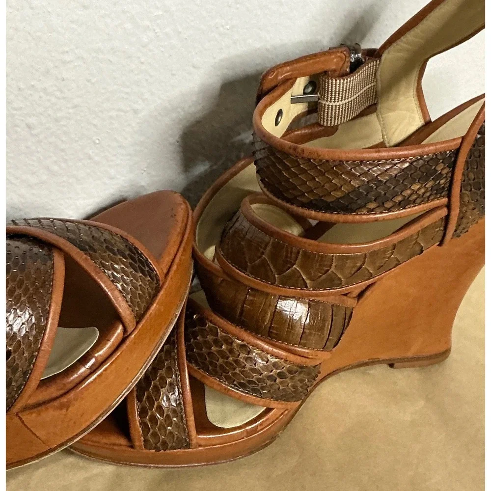 Alexandre‎ Birman Snakeskin Strappy Wedge Sandals Brown Leather Heels